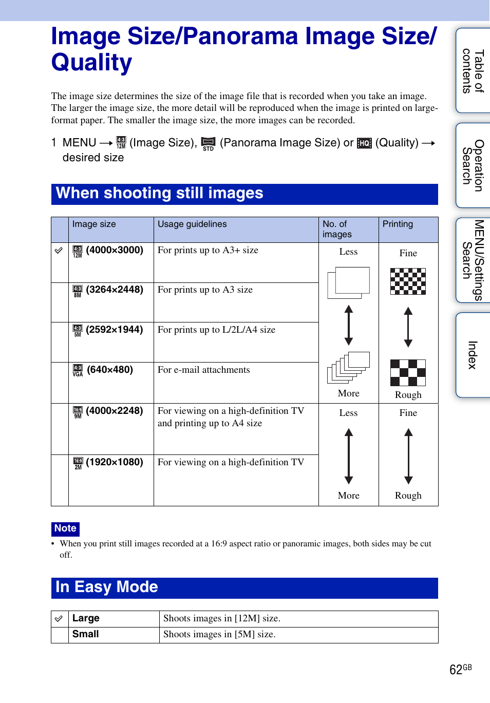 Image size/panorama image size/ quality, Image size/panorama image size/quality, When shooting still images | Sony DSC-WX5 User Manual | Page 62 / 171