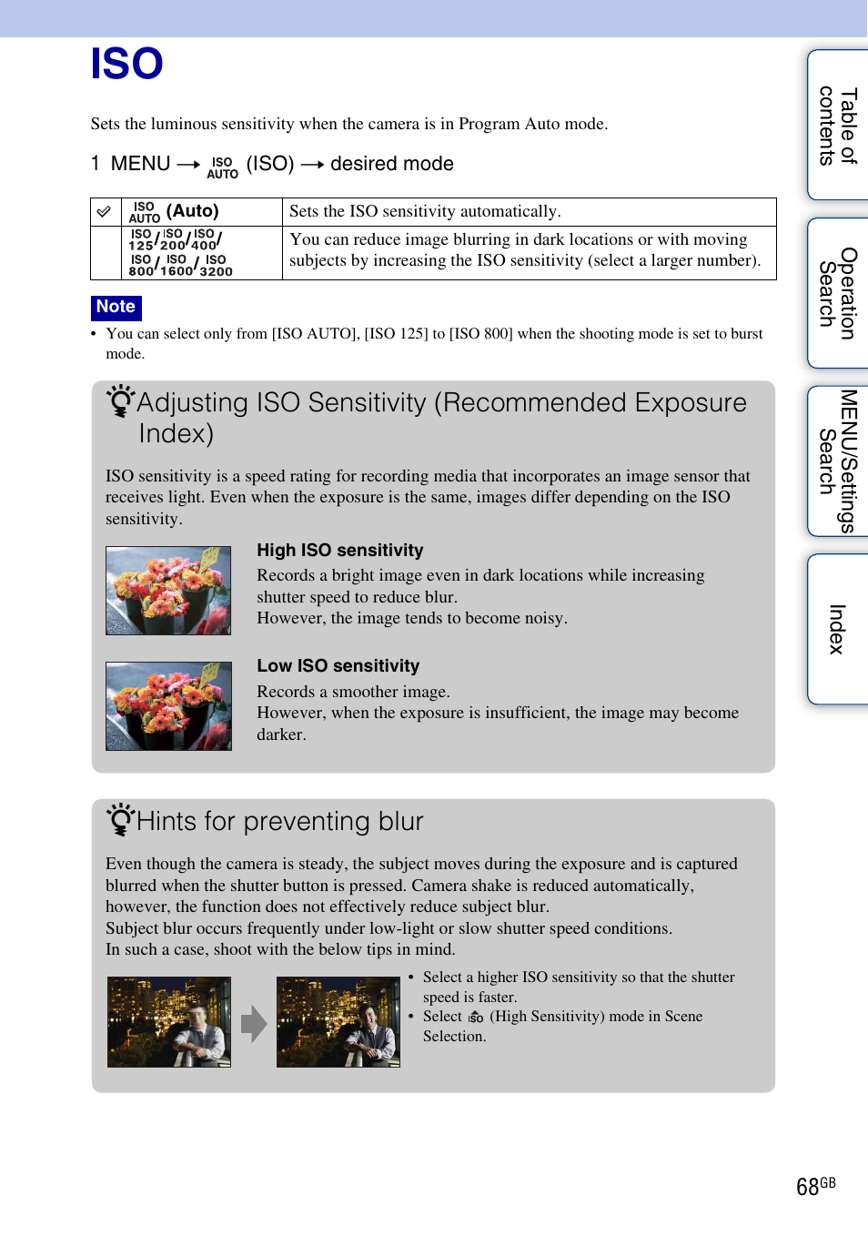 Hints for preventing blur | Sony DSC-WX5 User Manual | Page 68 / 171