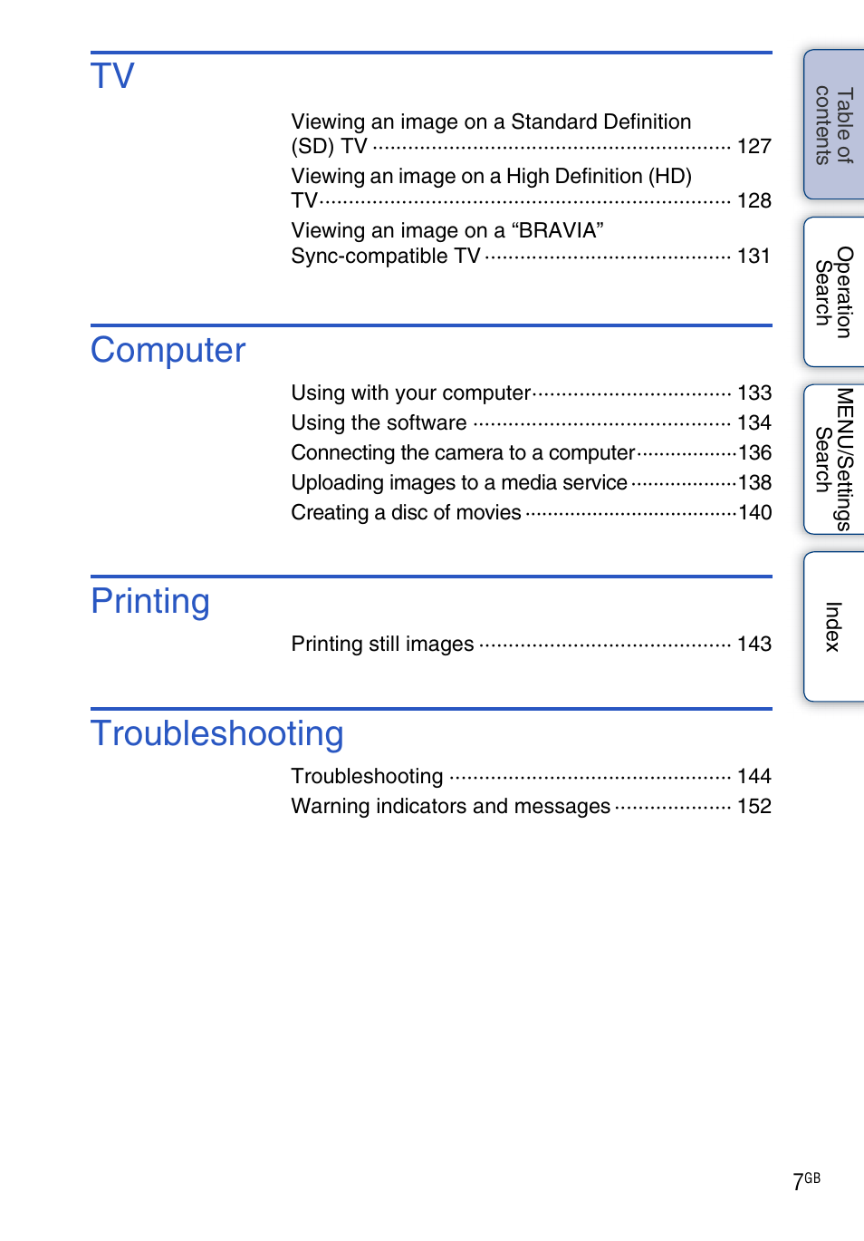 Computer, Printing, Troubleshooting | Sony DSC-WX5 User Manual | Page 7 / 171