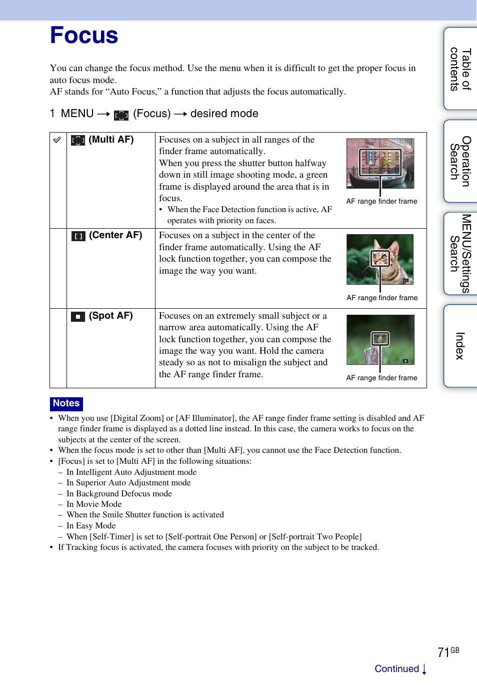 Focus | Sony DSC-WX5 User Manual | Page 71 / 171