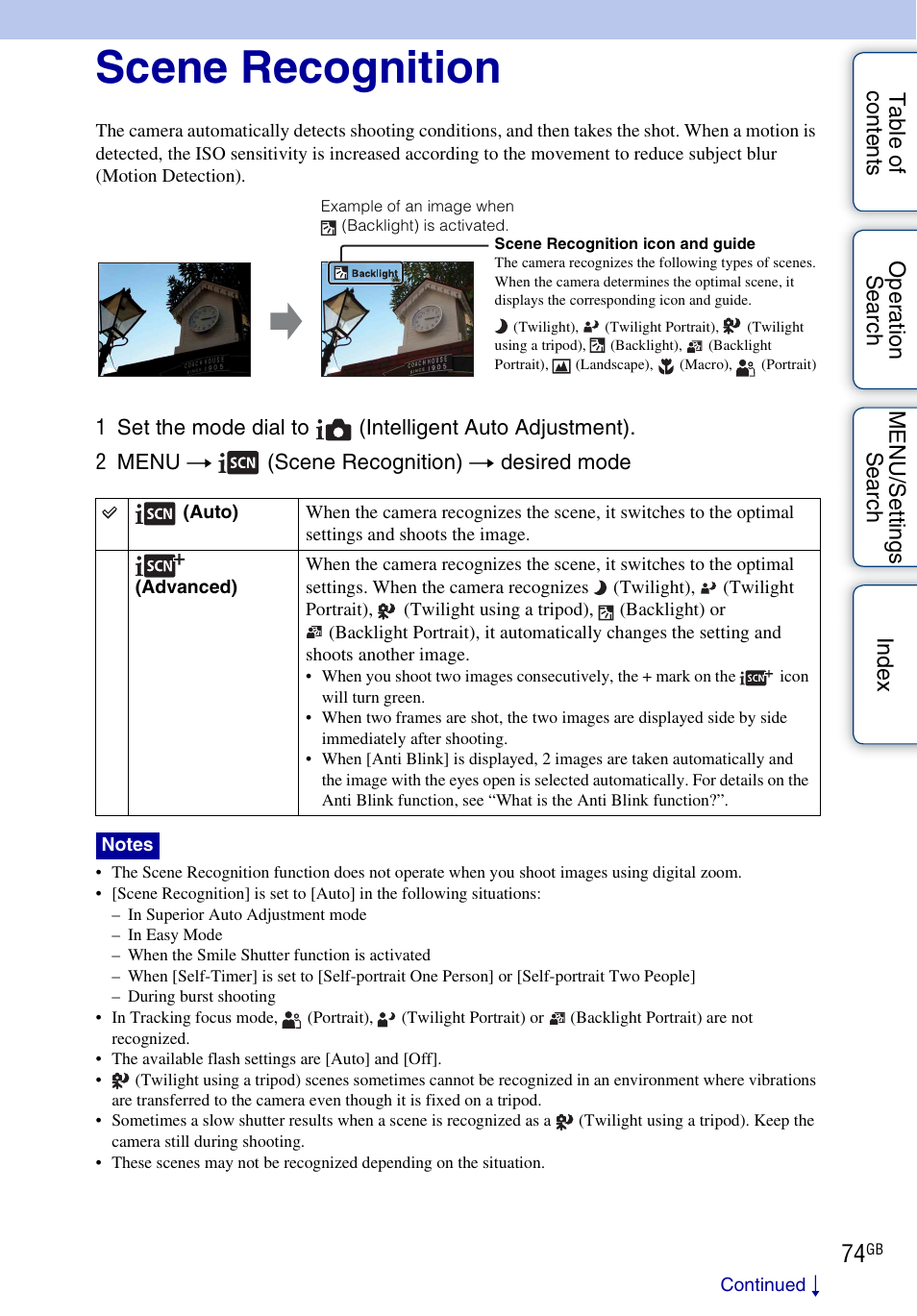 Scene recognition | Sony DSC-WX5 User Manual | Page 74 / 171