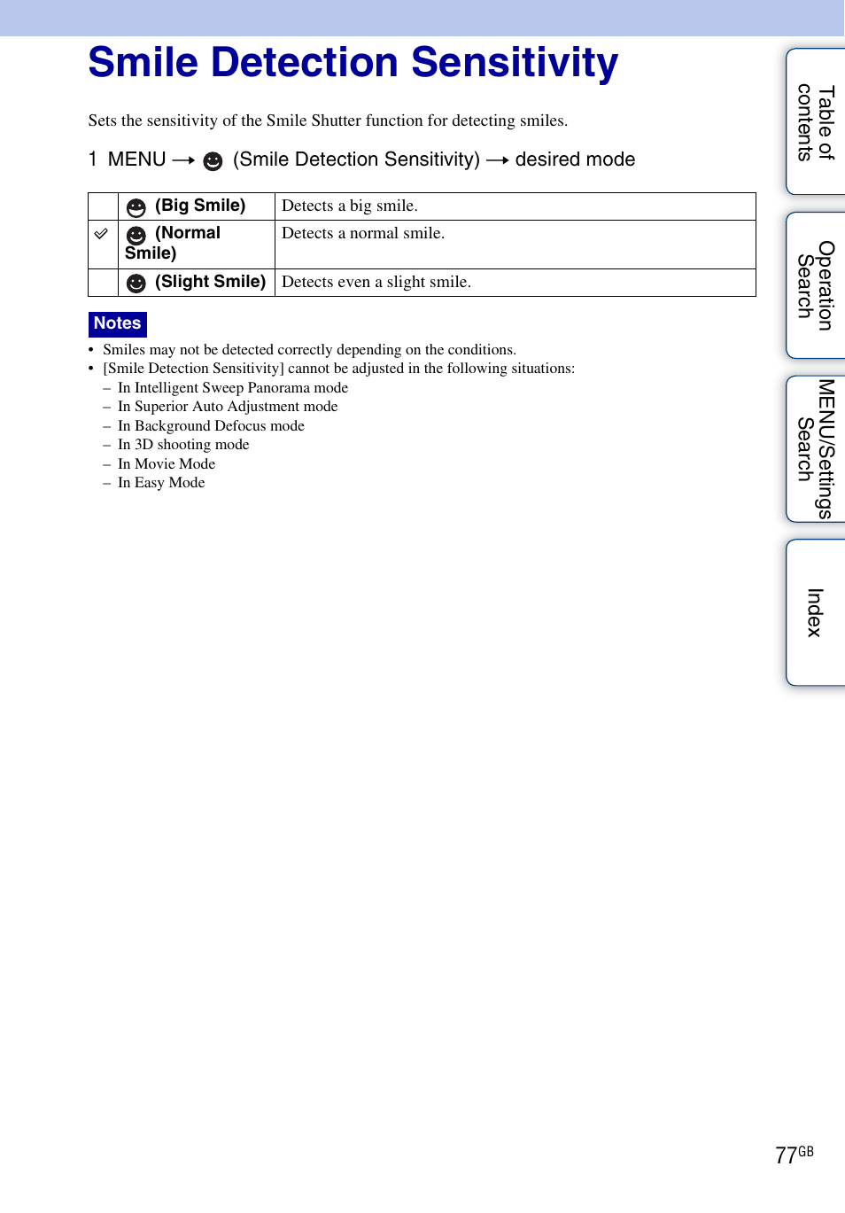 Smile detection sensitivity | Sony DSC-WX5 User Manual | Page 77 / 171