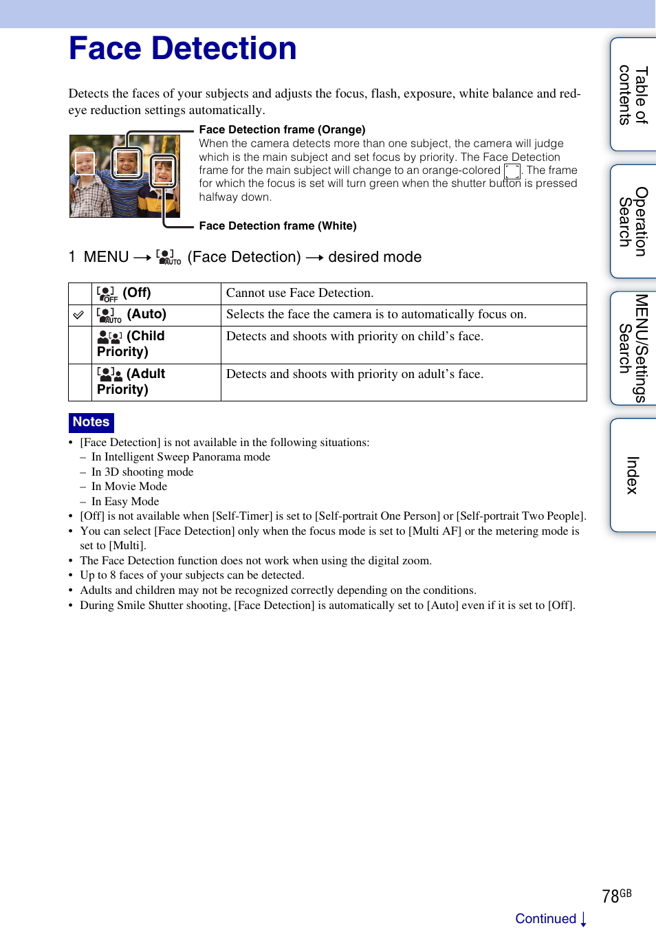 Face detection | Sony DSC-WX5 User Manual | Page 78 / 171