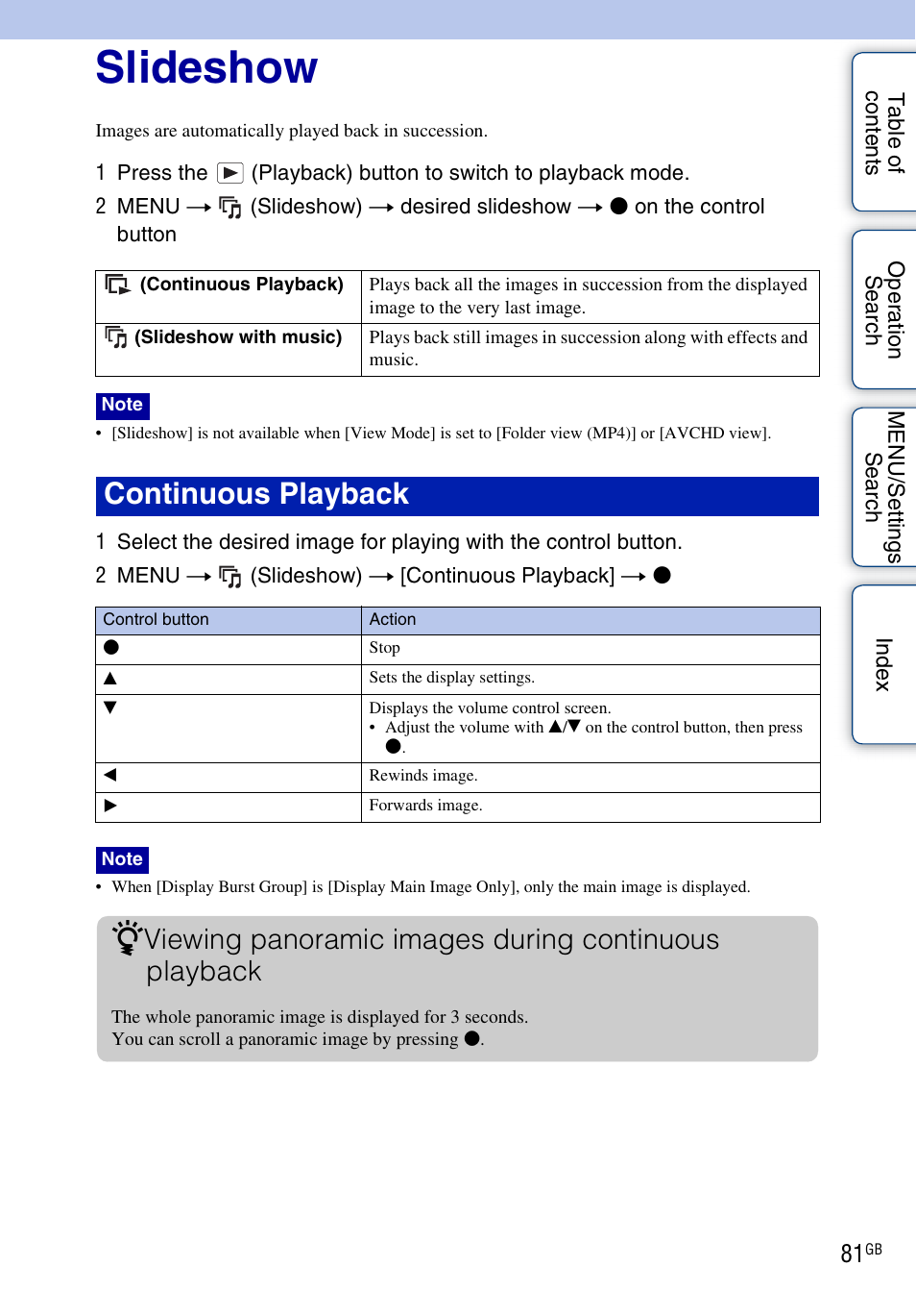 Slideshow, Continuous playback | Sony DSC-WX5 User Manual | Page 81 / 171