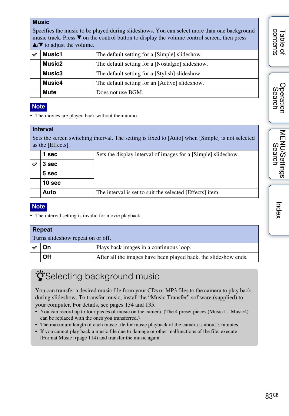 Selecting background music | Sony DSC-WX5 User Manual | Page 83 / 171