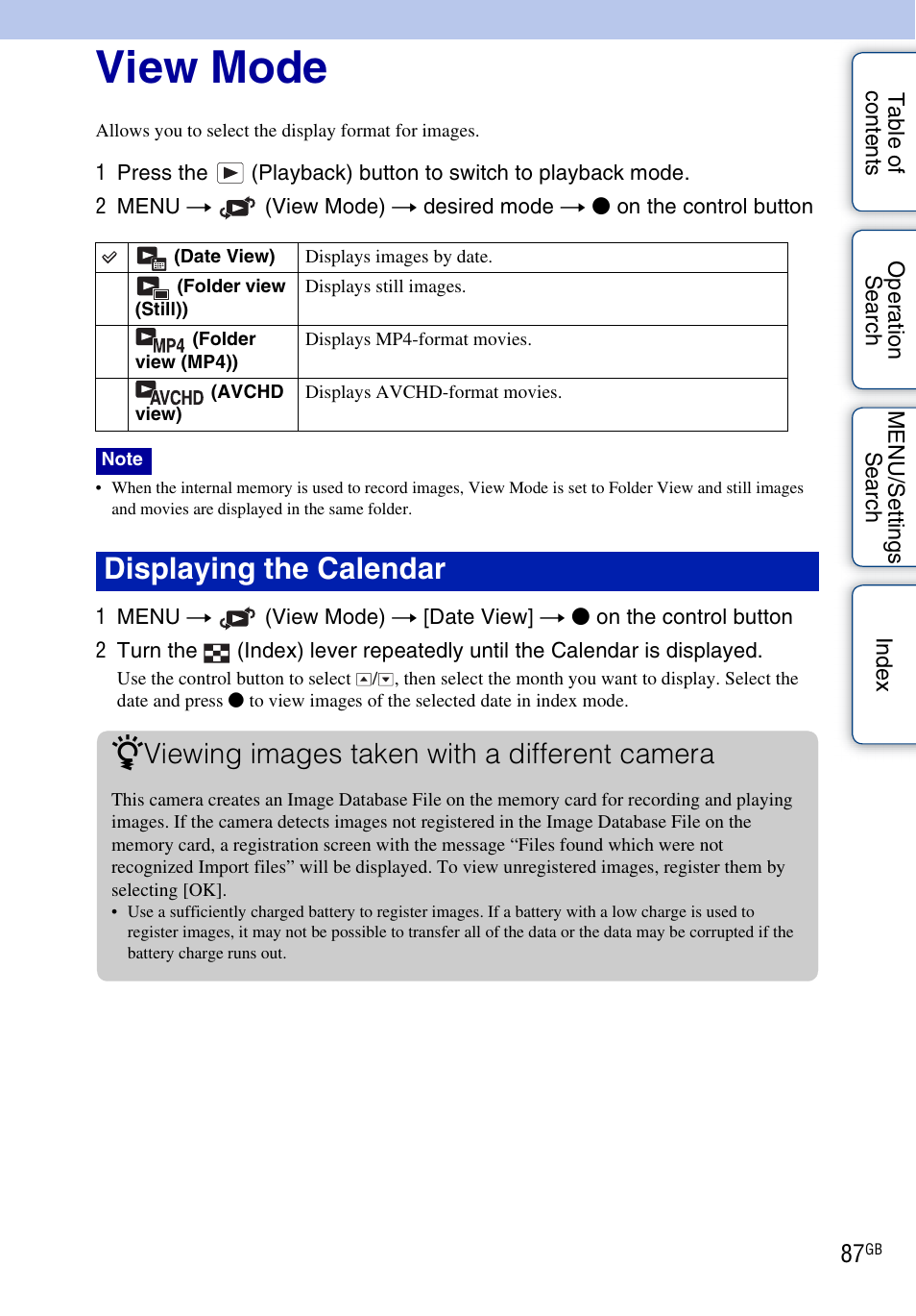 View mode, View mode), Displaying the calendar z | Viewing images taken with a different camera | Sony DSC-WX5 User Manual | Page 87 / 171