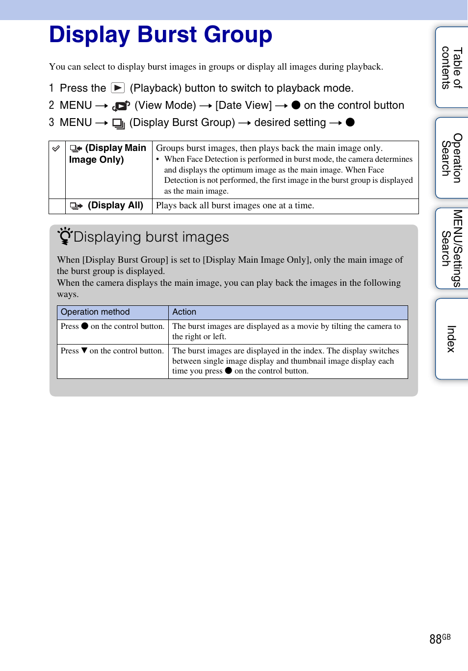 Display burst group, Display burst group), Displaying burst images | Sony DSC-WX5 User Manual | Page 88 / 171