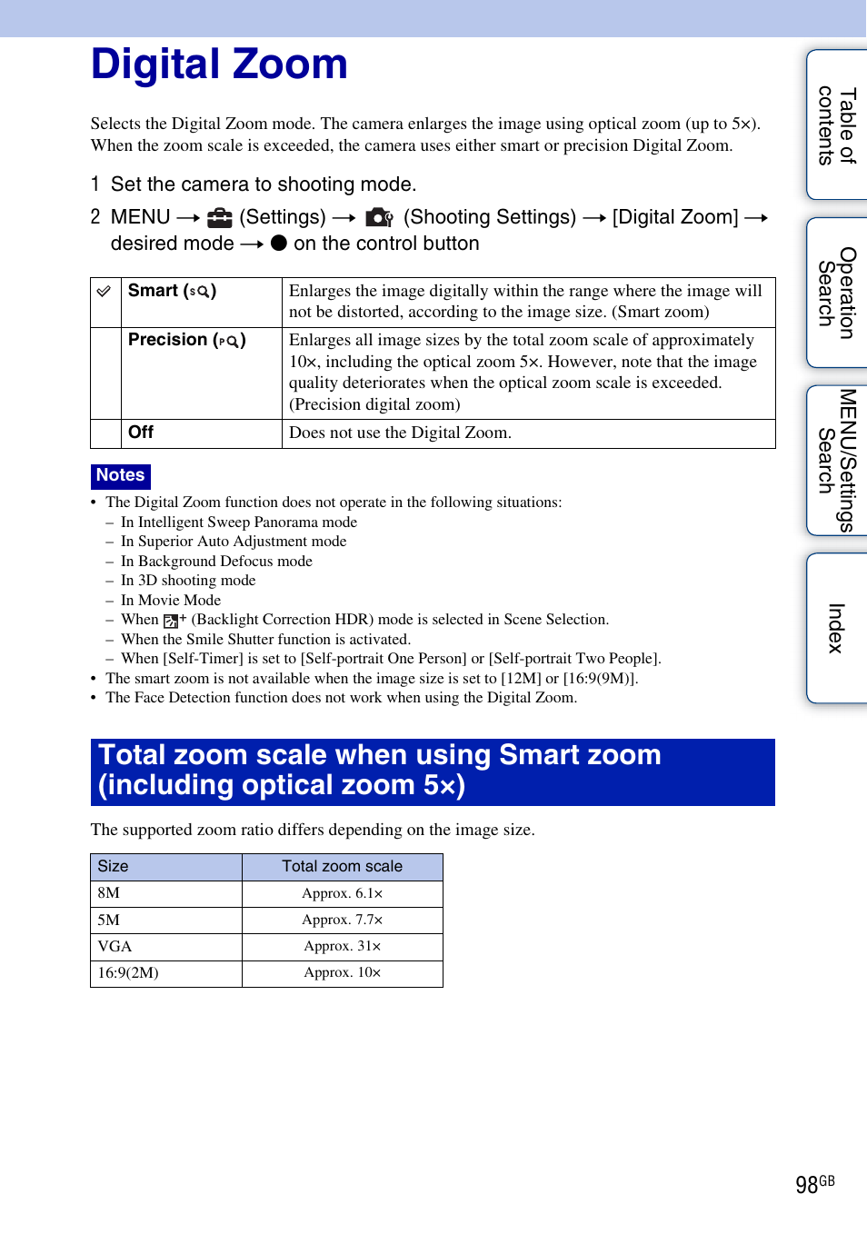 Digital zoom | Sony DSC-WX5 User Manual | Page 98 / 171