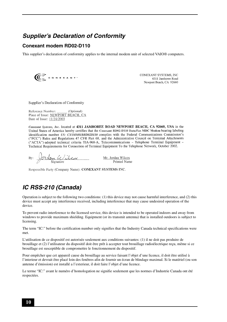 Supplier’s declaration of conformity, Ic rss-210 (canada) | Sony VGN-BX540 User Manual | Page 10 / 20
