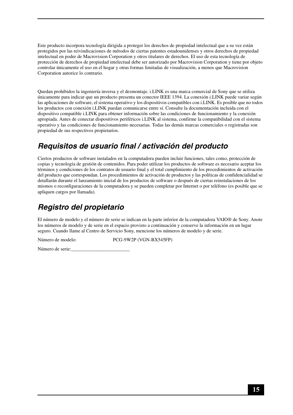 Registro del propietario | Sony VGN-BX540 User Manual | Page 15 / 20