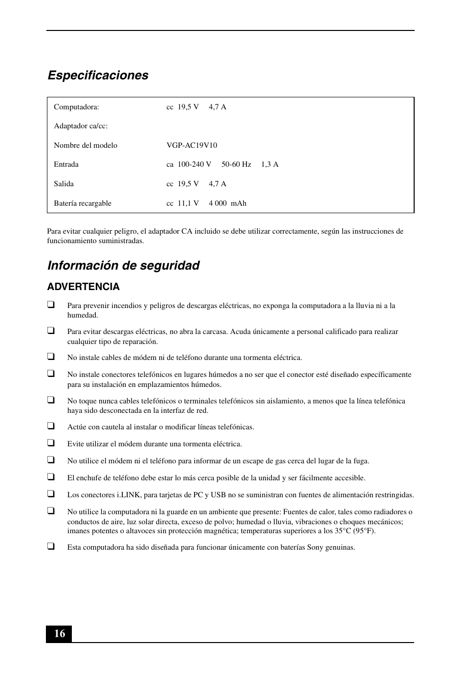 Especificaciones, Información de seguridad | Sony VGN-BX540 User Manual | Page 16 / 20