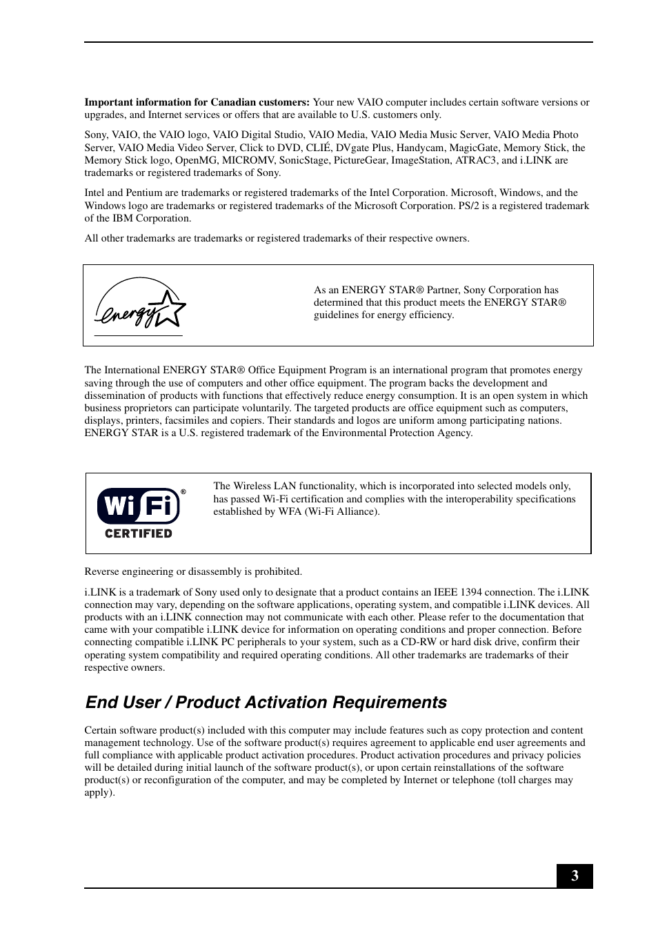 End user / product activation requirements | Sony VGN-BX540 User Manual | Page 3 / 20