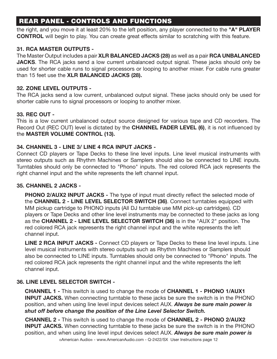 American Audio Q-2422/SX User Manual | Page 12 / 20