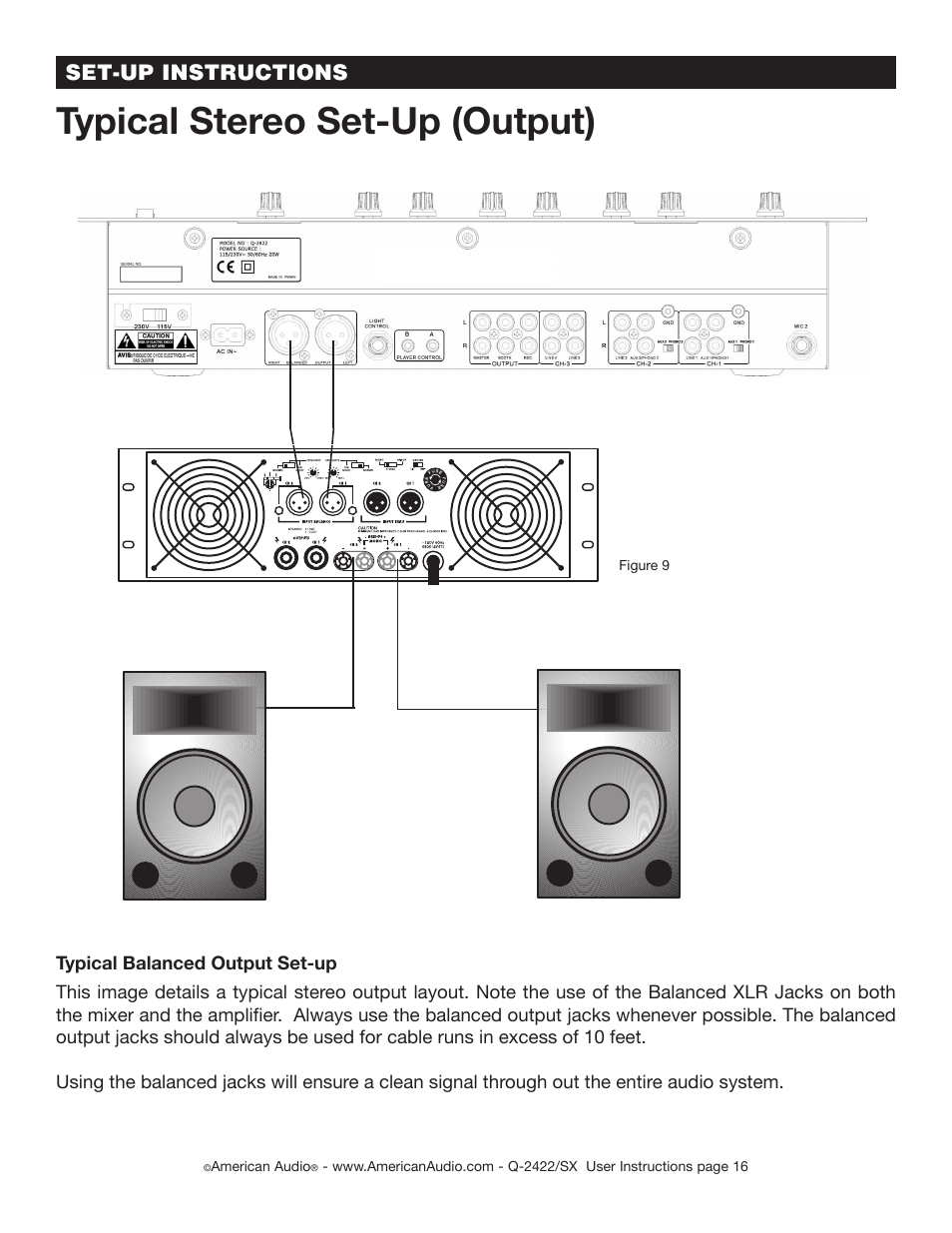 Typical stereo set-up (output), Set-up instructions | American Audio Q-2422/SX User Manual | Page 16 / 20