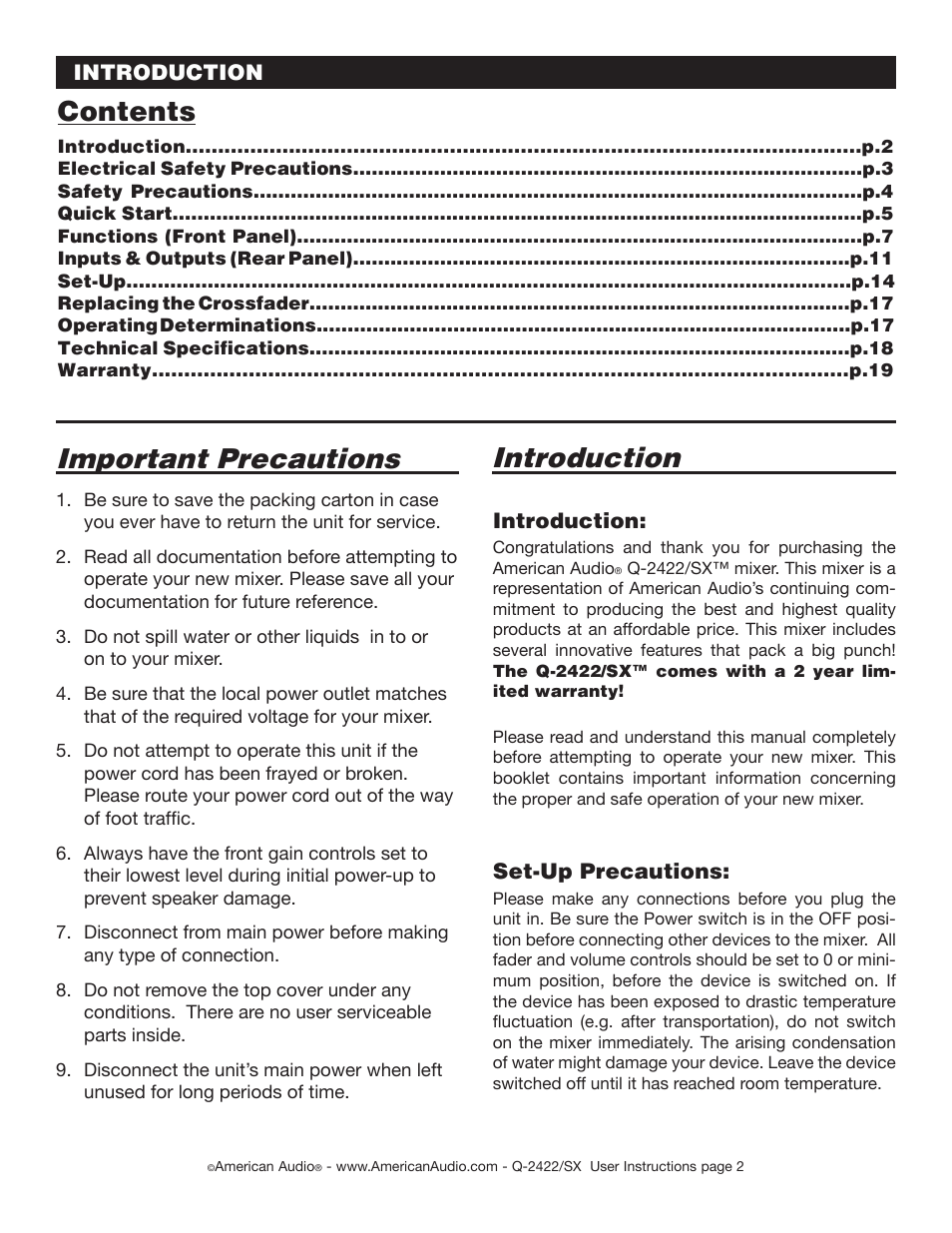 American Audio Q-2422/SX User Manual | Page 2 / 20