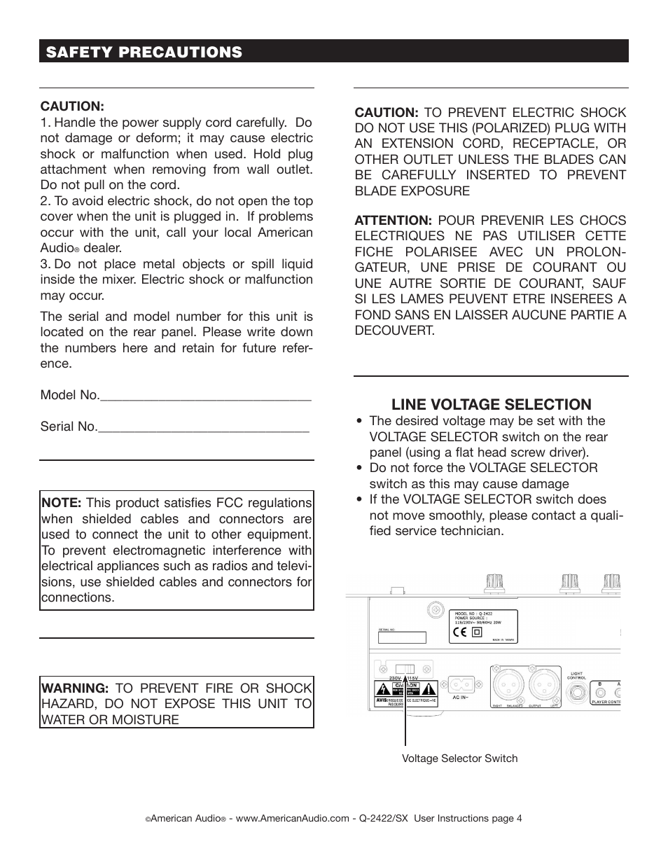 Safety precautions, Line voltage selection | American Audio Q-2422/SX User Manual | Page 4 / 20