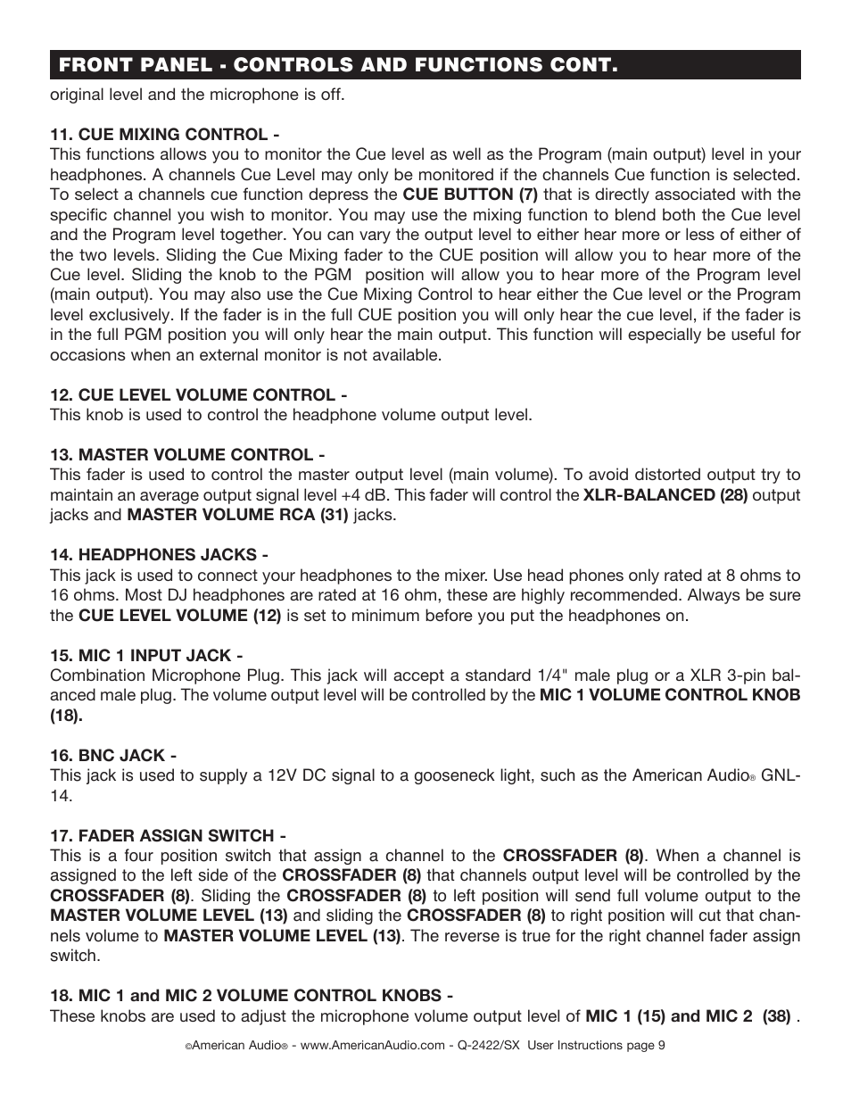 Front panel - controls and functions cont | American Audio Q-2422/SX User Manual | Page 9 / 20