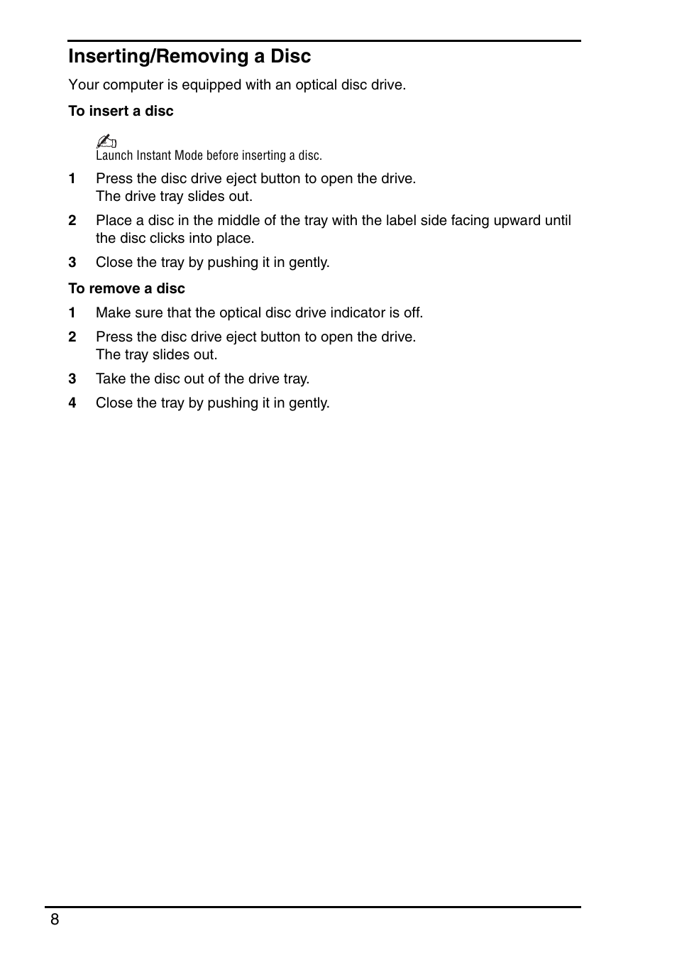 Inserting/removing a disc | Sony VGN-TZ350N User Manual | Page 10 / 72