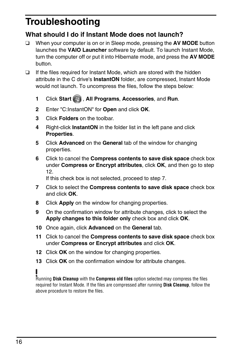 Troubleshooting, What should i do if instant mode does not launch | Sony VGN-TZ350N User Manual | Page 18 / 72