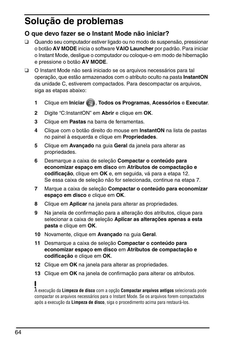 Solução de problemas, O que devo fazer se o instant mode não iniciar | Sony VGN-TZ350N User Manual | Page 66 / 72