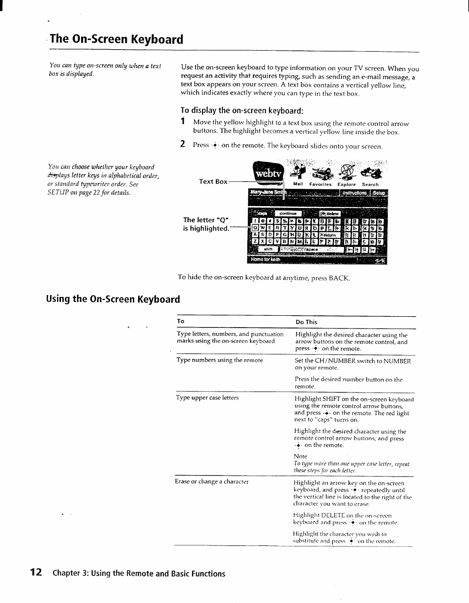 To display the on-screen keyboard, Text box, The letter "q“ is highlighted | The on-screen keyboard, Using the on-screen keyboard | Sony INT-W100 User Manual | Page 12 / 36