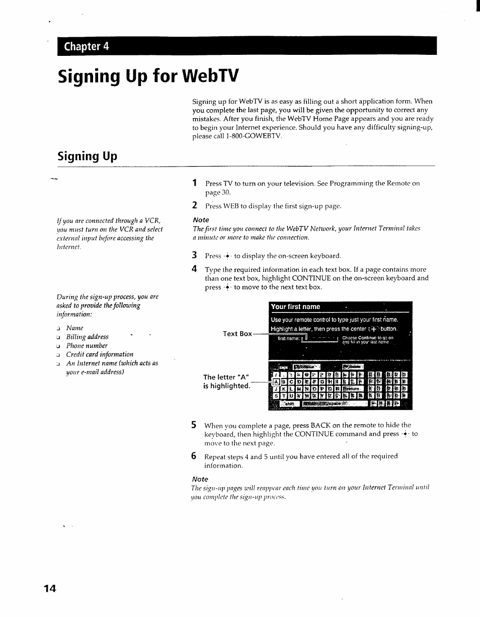 Signing up for webtv, Your first name, Text box | The letter “a" is highlighted, Шве18эеавеадднш [шз 0шв □dbeübbbpísqi; 11611300, Signing up, Вошаезезбзвдшдшда, Шве18эеавеадднш [шз 0шв | Sony INT-W100 User Manual | Page 14 / 36