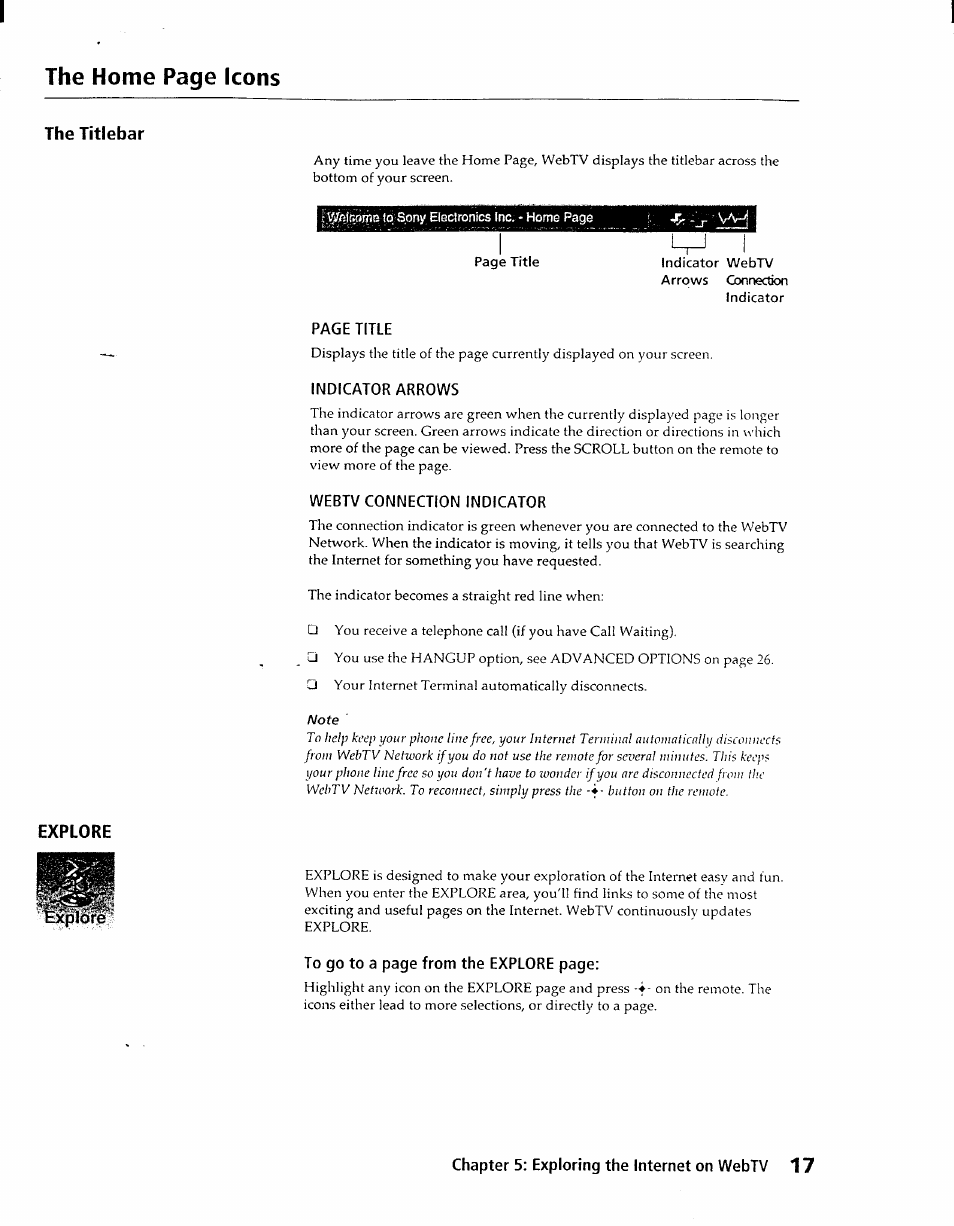 Indicator arrows, Webtv connection indicator, The home page icons | The titlebar, Explore | Sony INT-W100 User Manual | Page 17 / 36