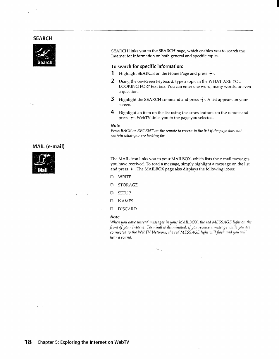 Search, To search for specific information, Mail (e-mail) | Sony INT-W100 User Manual | Page 18 / 36