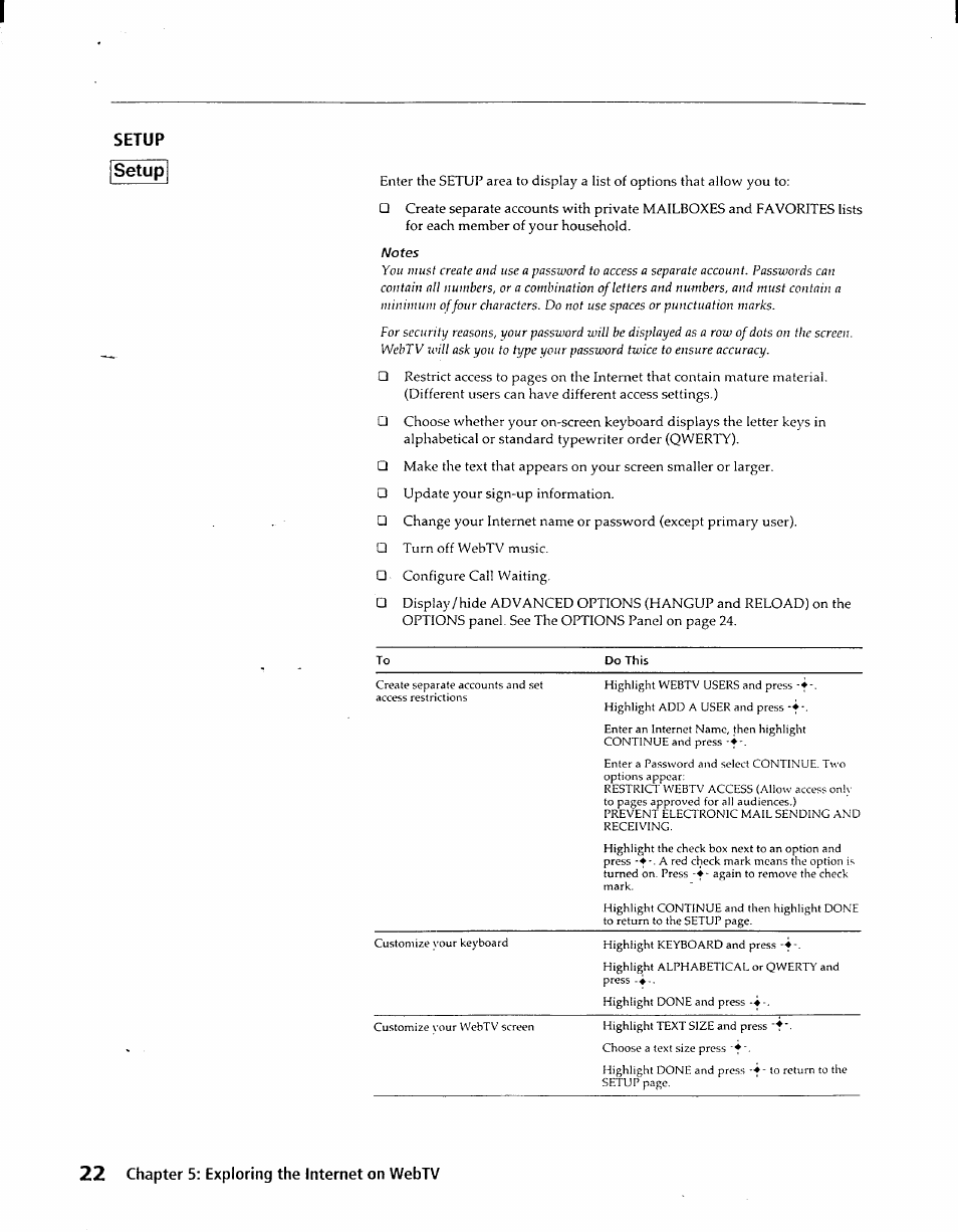 Update your sign-up information, Turn off webtv music, Configure call waiting | Do this | Sony INT-W100 User Manual | Page 22 / 36