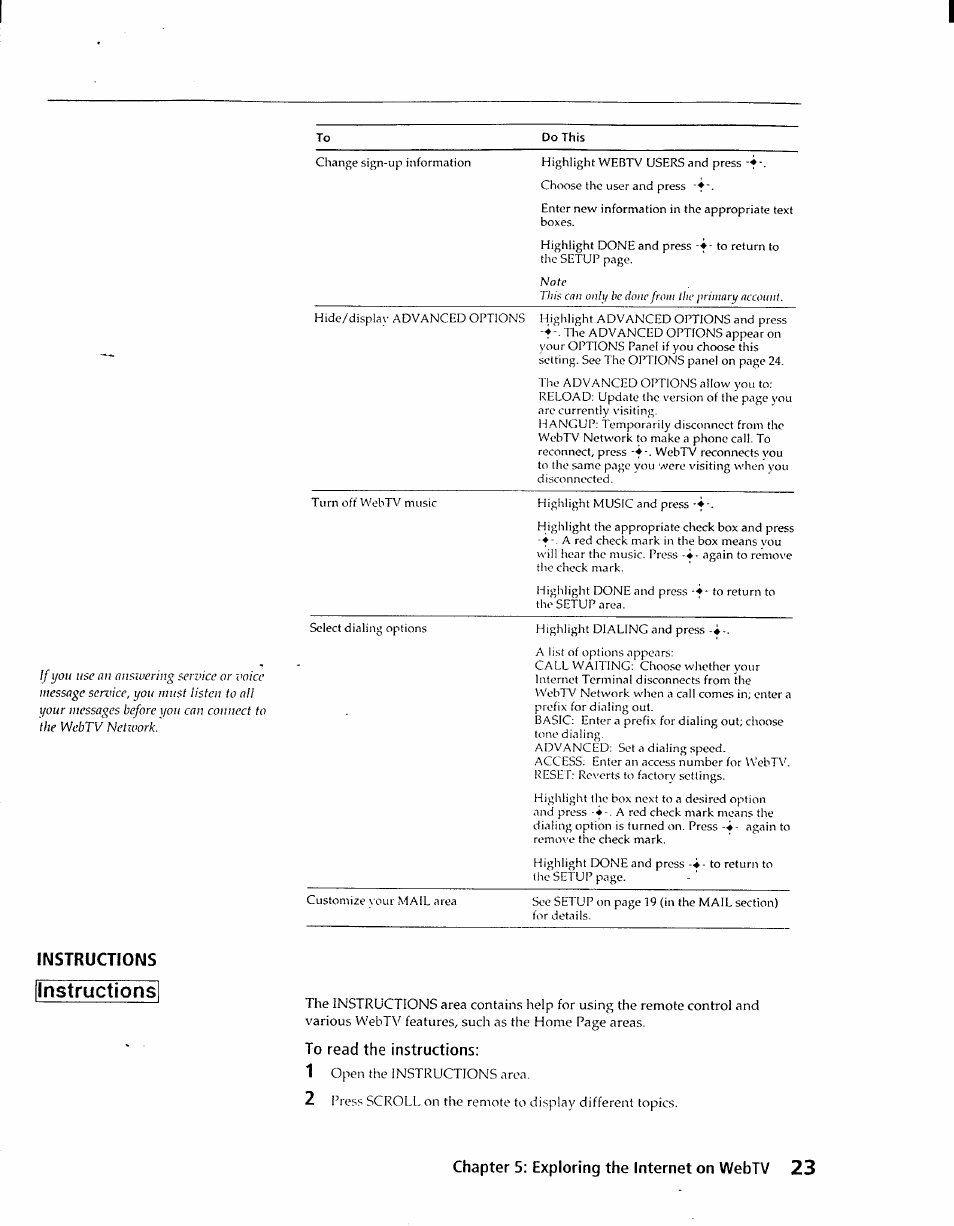 To read the instructions, 1 open the instructions area, Instructions instructions | Sony INT-W100 User Manual | Page 23 / 36