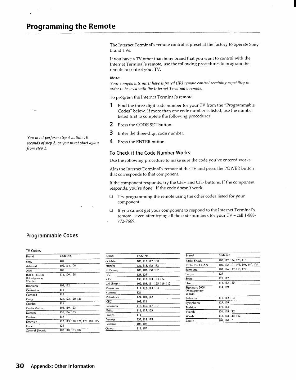 To check if the code number works, Programming the remote, Programmable codes | Sony INT-W100 User Manual | Page 30 / 36