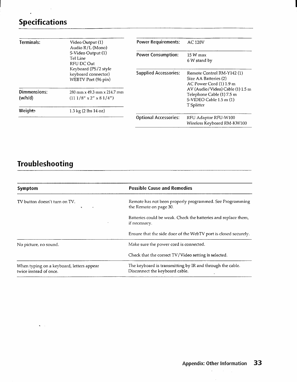 Specifications, Troubleshooting | Sony INT-W100 User Manual | Page 33 / 36