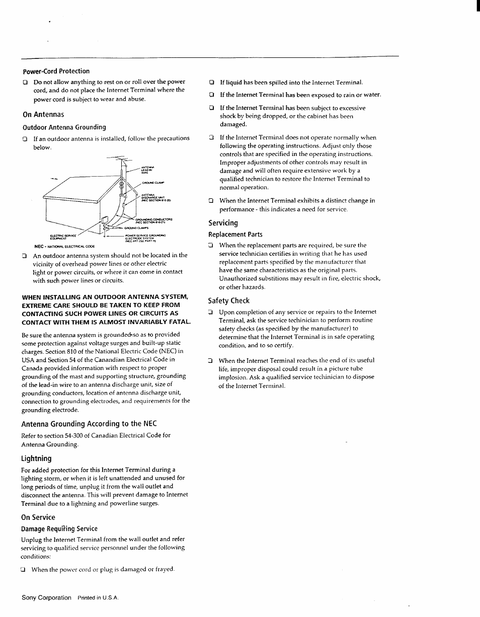 Power-cord protection, On antennas, Outdoor antenna grounding | Antenna grounding according to the nec, Lightning, On service, Damage requiring service, Servicing replacement parts, Safety check | Sony INT-W100 User Manual | Page 36 / 36