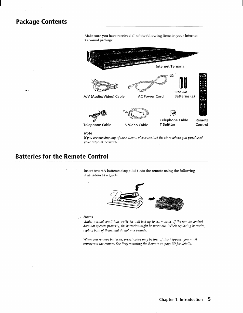 Chapter 1: introduction 5, Package contents, Batteries for the remote control | Sony INT-W100 User Manual | Page 5 / 36