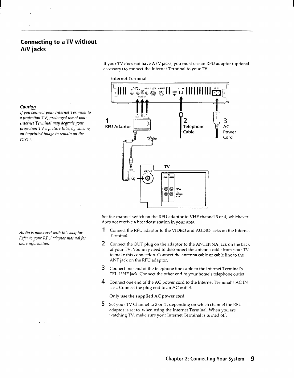 Connecting to a tv without a/v jacks caution | Sony INT-W100 User Manual | Page 9 / 36