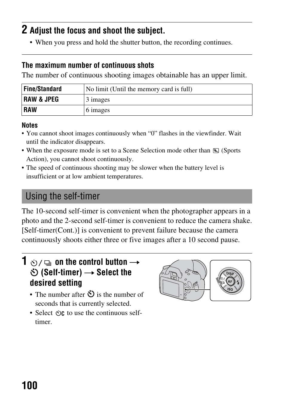 Using the self-timer, Mp (100), Adjust the focus and shoot the subject | Sony DSLR-A330 User Manual | Page 100 / 171