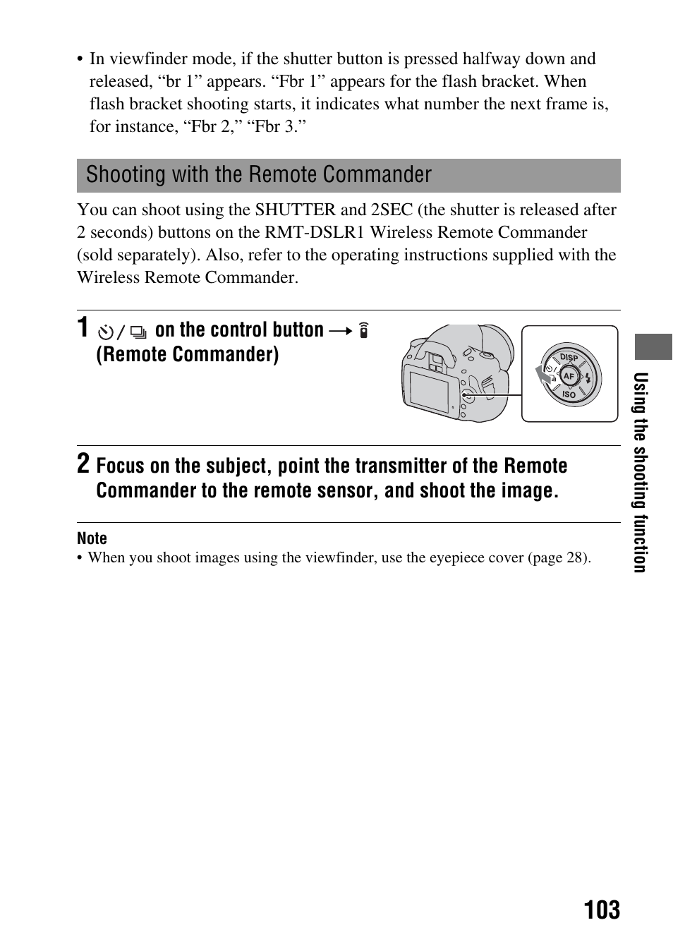 Shooting with the remote commander | Sony DSLR-A330 User Manual | Page 103 / 171