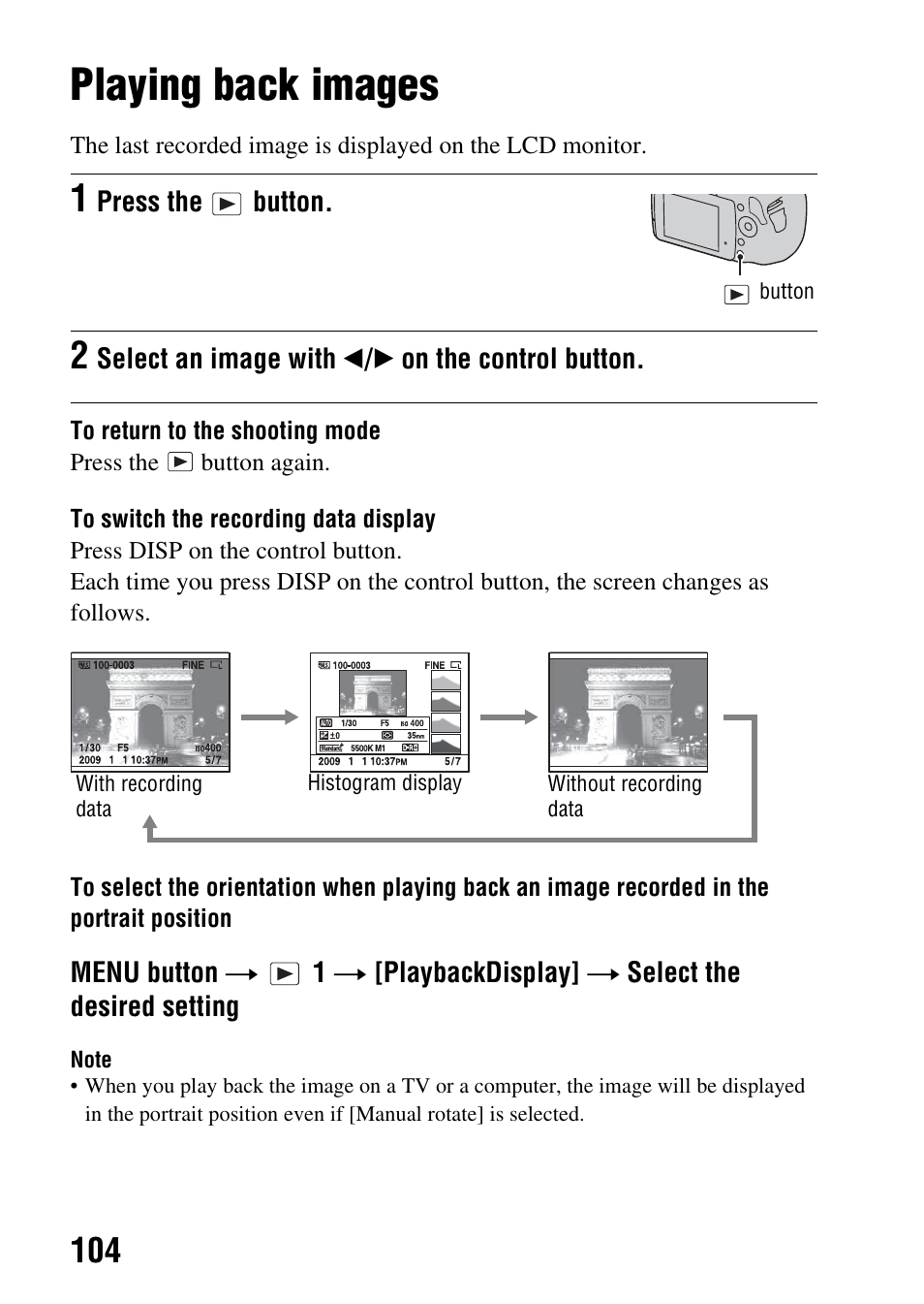 Using the viewing function, Playing back images, Tton (104) | Y (104) | Sony DSLR-A330 User Manual | Page 104 / 171