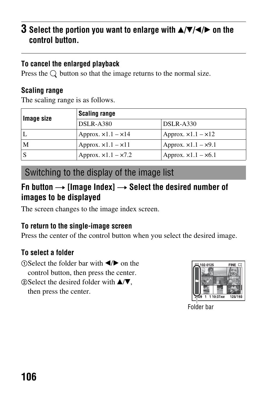 Switching to the display of the image list | Sony DSLR-A330 User Manual | Page 106 / 171