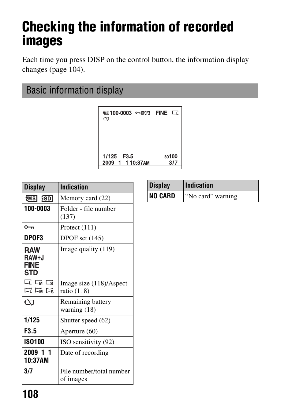 Checking the information of recorded images, Basic information display | Sony DSLR-A330 User Manual | Page 108 / 171