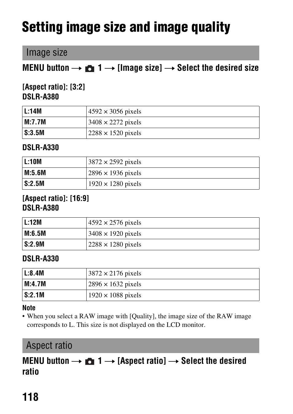 Changing your setup, Setting image size and image quality, Ze (118) | O (118), Image size, Aspect ratio | Sony DSLR-A330 User Manual | Page 118 / 171