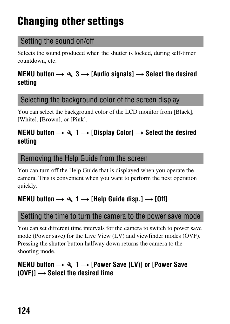 Changing other settings, Save (lv) (124), Save (ovf) (124) | R (124) | Sony DSLR-A330 User Manual | Page 124 / 171