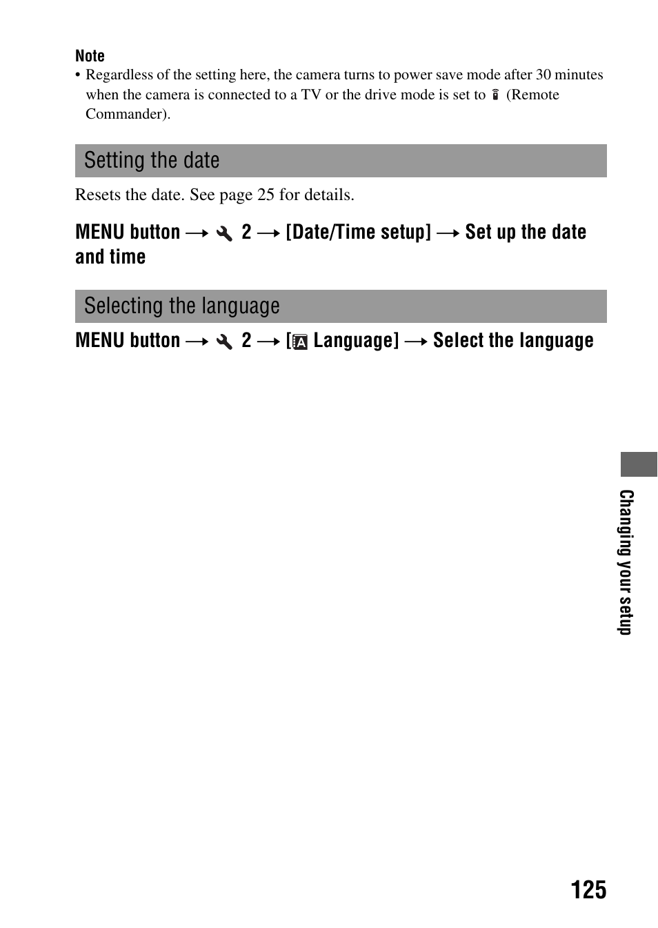 P (125), Language (125), Setting the date selecting the language | Sony DSLR-A330 User Manual | Page 125 / 171