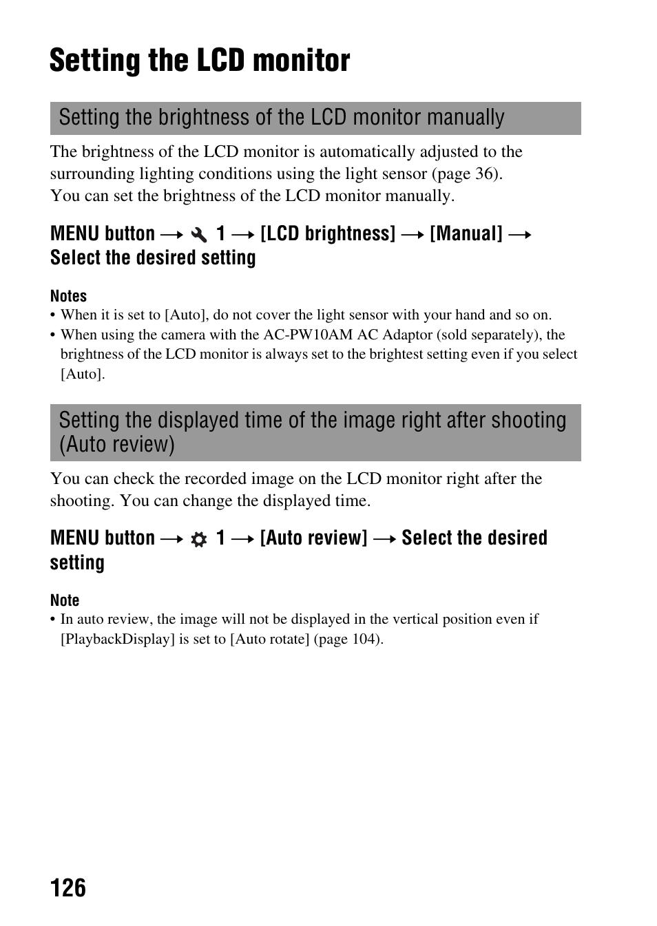 Setting the lcd monitor, Ew (126) | Sony DSLR-A330 User Manual | Page 126 / 171