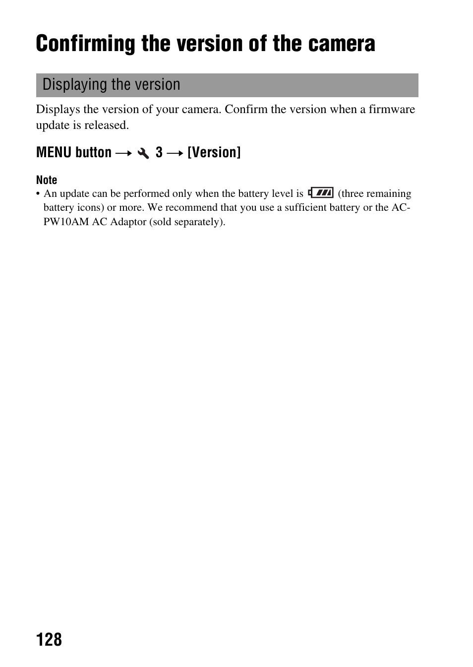 Confirming the version of the camera | Sony DSLR-A330 User Manual | Page 128 / 171