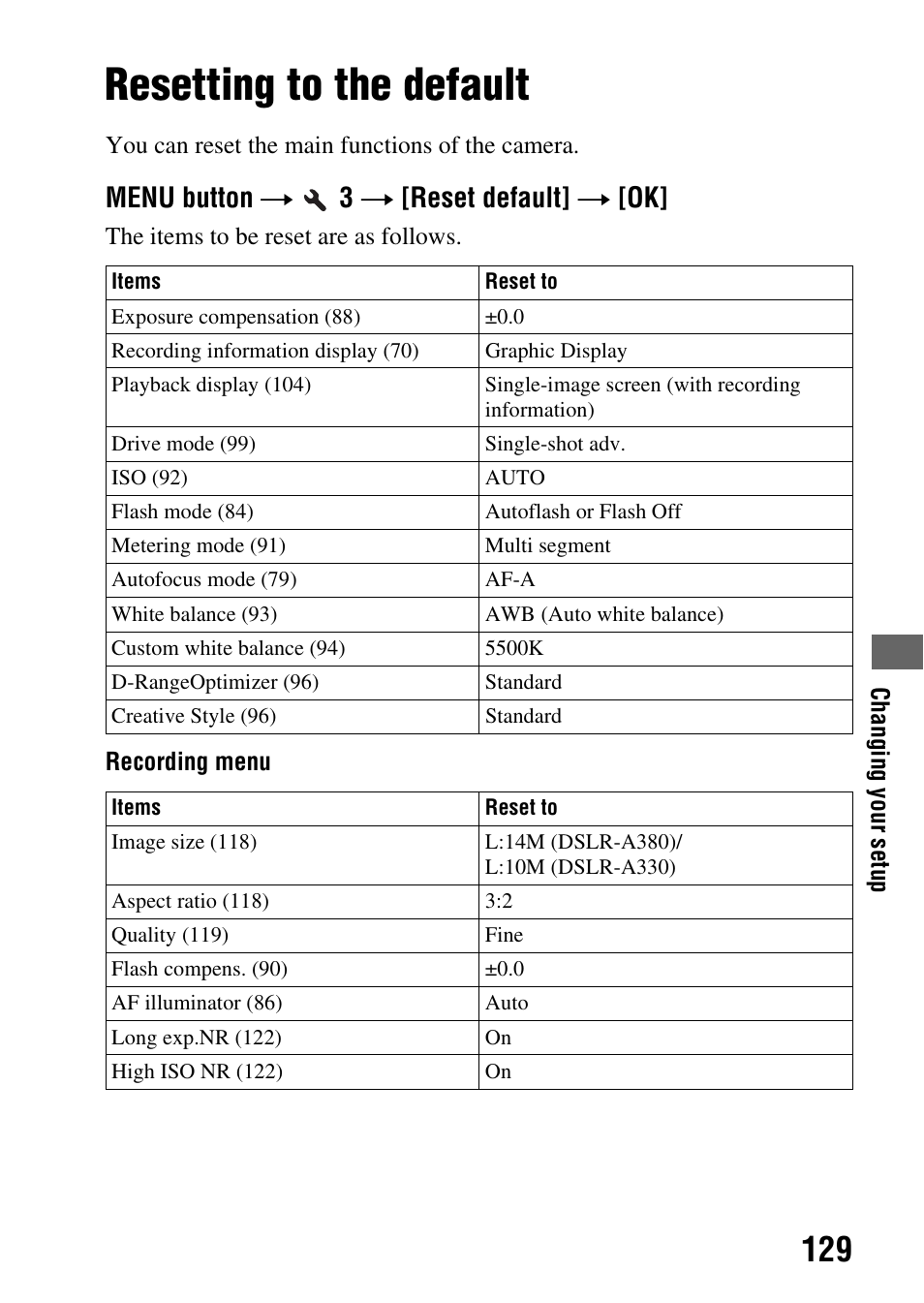 Resetting to the default, T (129), Menu button t 3 t [reset default] t [ok | Sony DSLR-A330 User Manual | Page 129 / 171