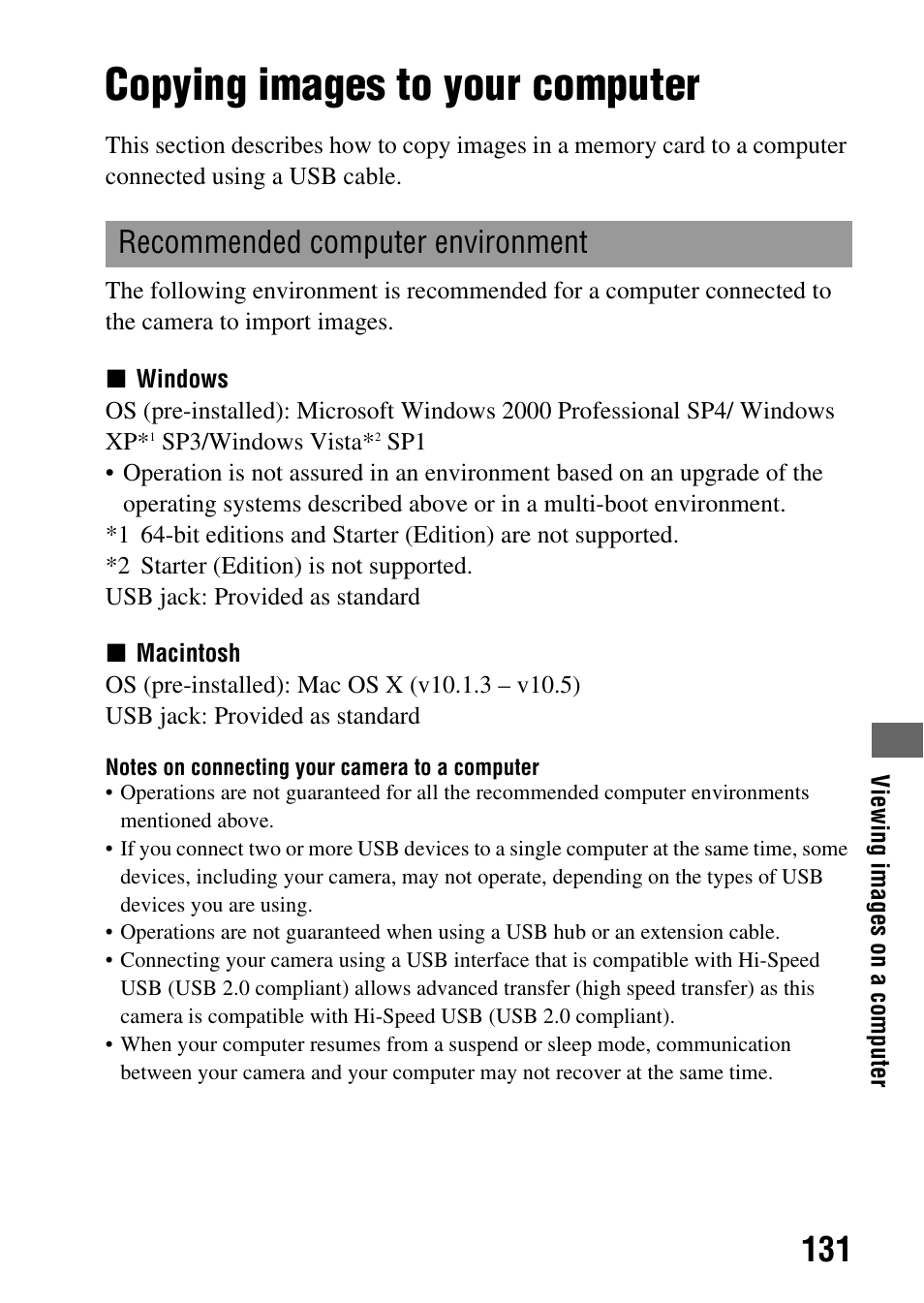 Viewing images on a computer, Copying images to your computer, Recommended computer environment | Sony DSLR-A330 User Manual | Page 131 / 171