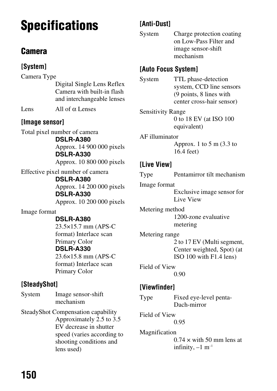 Others, Specifications, Camera | Sony DSLR-A330 User Manual | Page 150 / 171