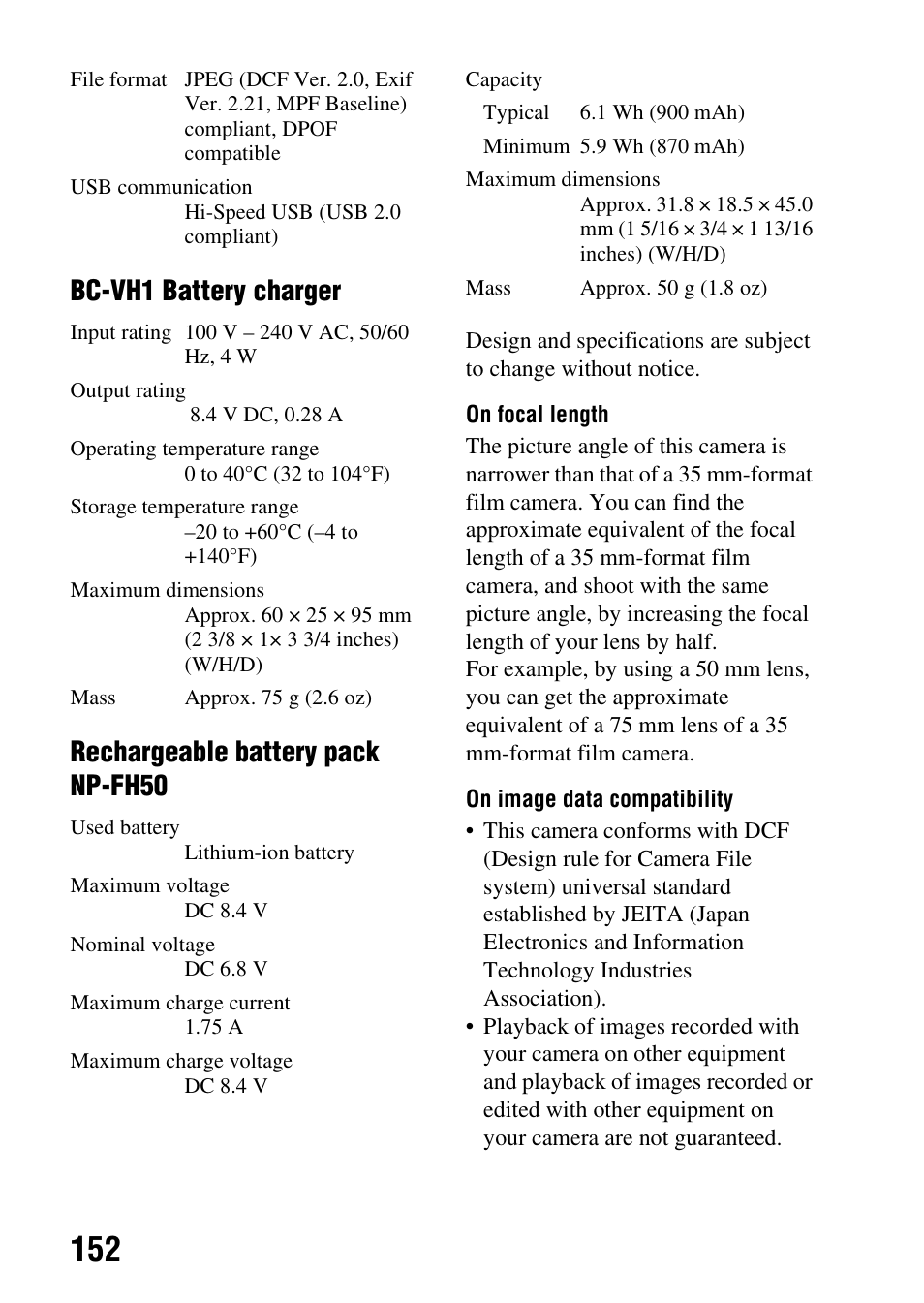 Bc-vh1 battery charger, Rechargeable battery pack np-fh50 | Sony DSLR-A330 User Manual | Page 152 / 171