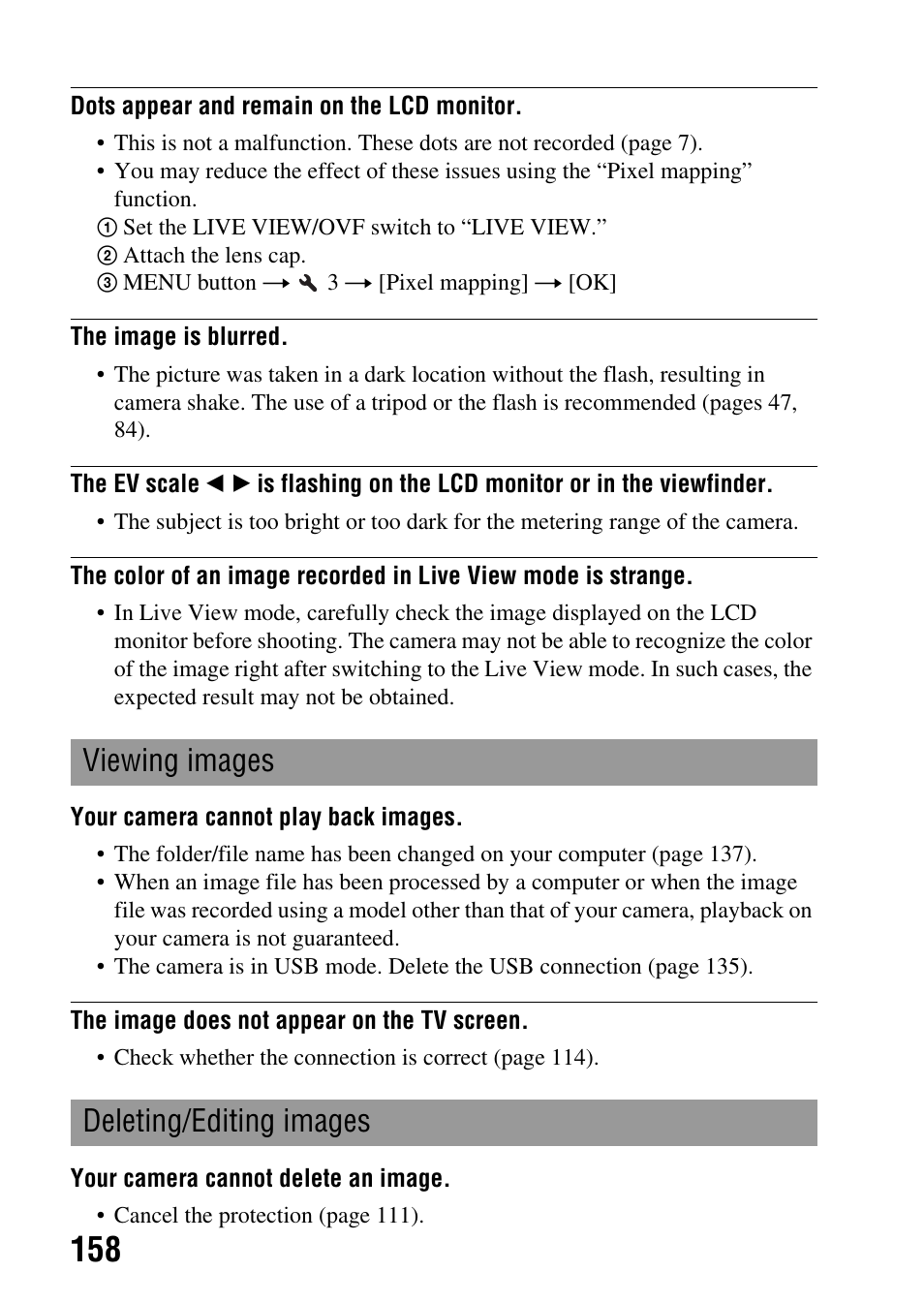 Ng (158), Viewing images deleting/editing images | Sony DSLR-A330 User Manual | Page 158 / 171